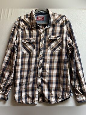 Levis Mens Plaid Button Down Shirt Navy Cream Brown Size XL